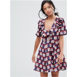 NWT Sister Jane Telephone Print Tea Dress With Frills Blue Multicolor Small